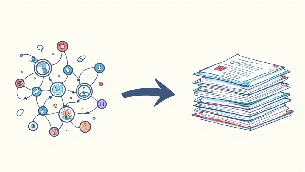 Diagram showing a network of data icons transforming into a stack of physical paper documents.