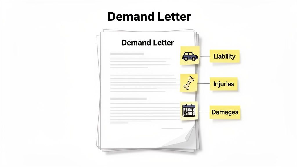 An illustration of a demand letter document with sticky notes detailing liability, injuries, and damages.