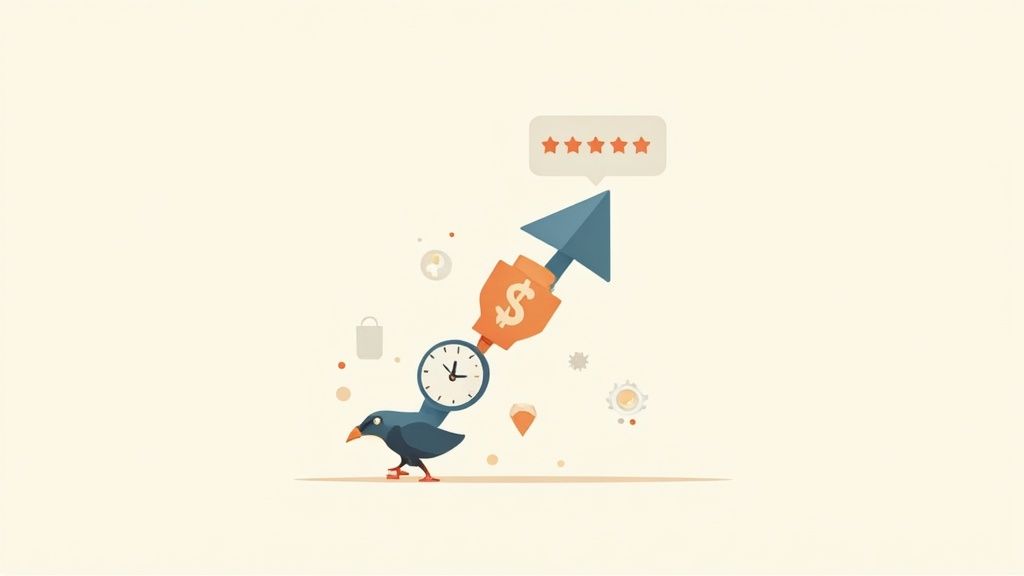 Stylized illustration of a bird with a clock, dollar sign, and upward arrow pointing to five stars.