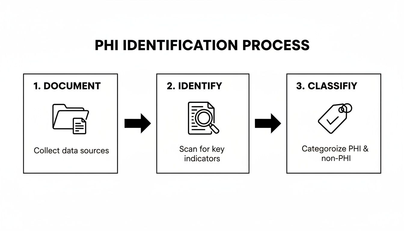A flowchart outlining the three-step PHI identification process: document, identify, and classify data.