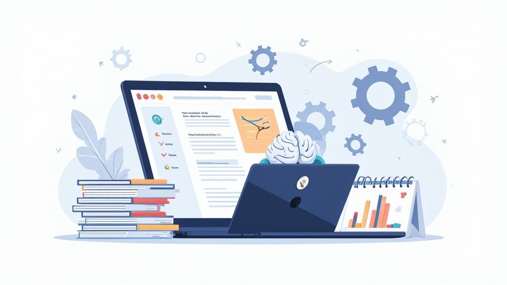 Digital illustration depicting a laptop, brain, stacked books, and a chart calendar, representing data analysis and knowledge.