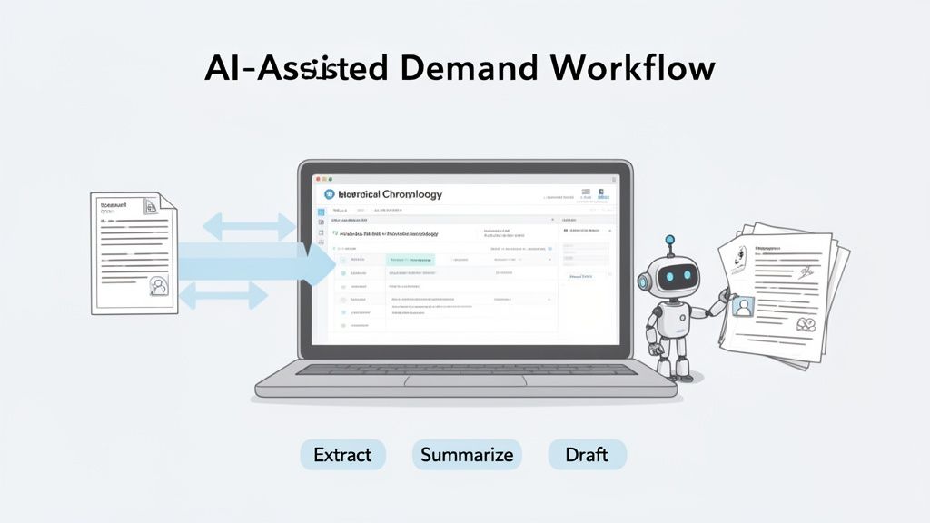An AI-assisted workflow with a robot, laptop, and documents demonstrating extract, summarize, and draft steps.