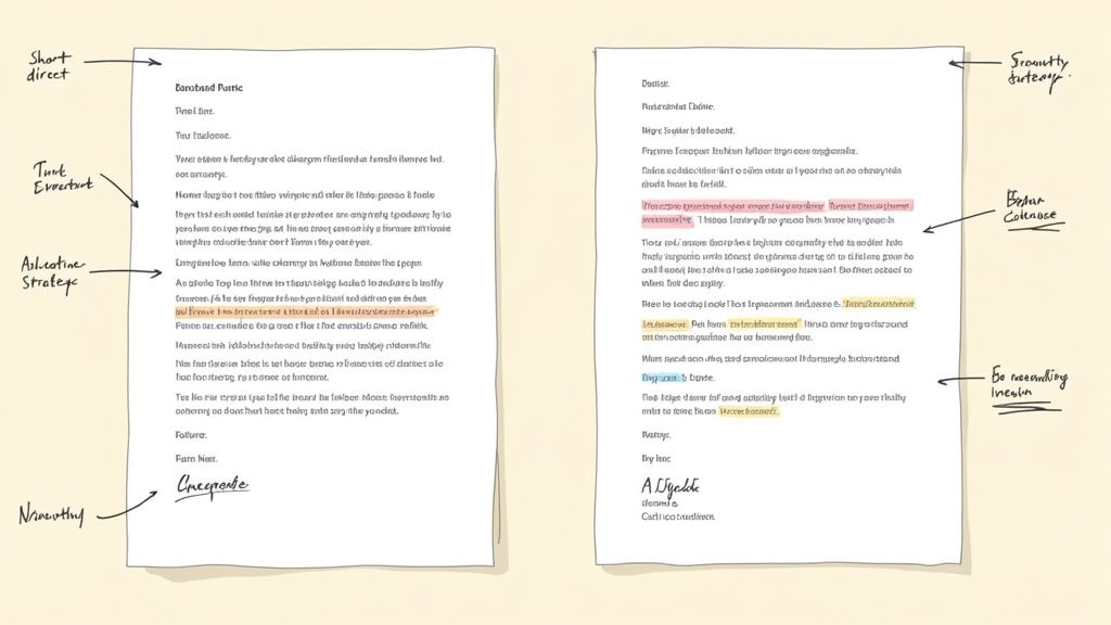 Two annotated documents with handwritten notes and highlighted text, resembling a detailed letter analysis.