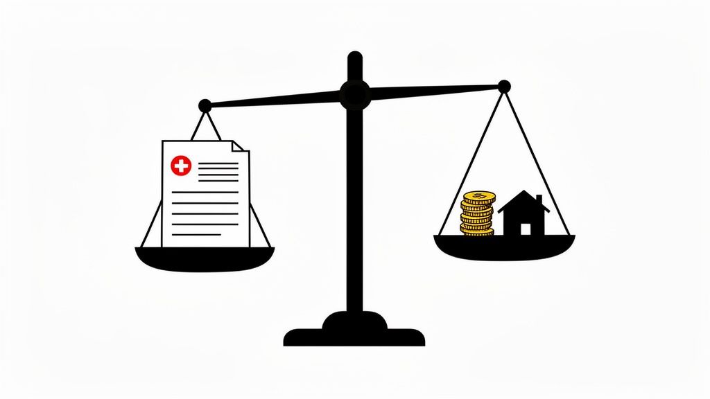 A balanced scale comparing a medical document on one side and a house with coins on the other.