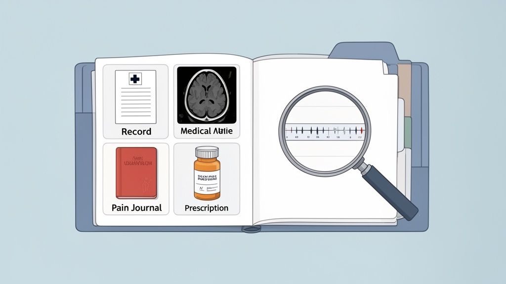 An open medical binder displaying a record, brain MRI, pain journal, prescription, and a magnified chart.