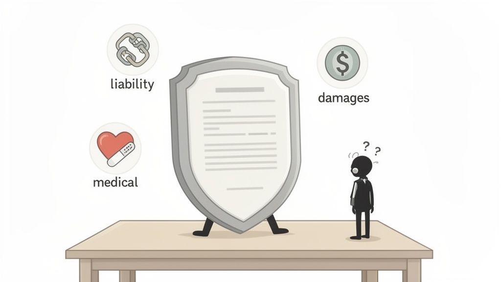 A confused stick figure stands before a shield outlining personal injury coverage types: liability, damages, and medical.