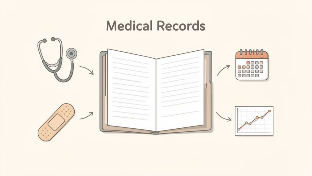 Illustration of medical records showing a stethoscope, band-aid, calendar, and health data graph.