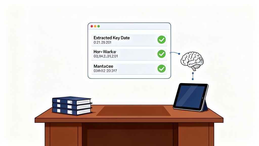 A desk scene illustrating data extraction and processing, featuring a tablet, books, and a brain icon.