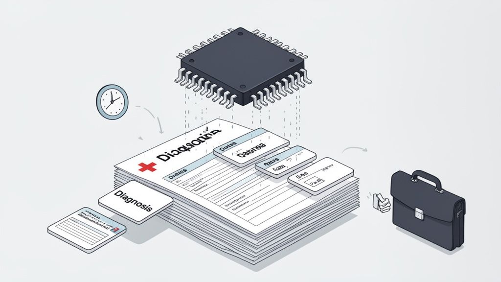 A microchip processes medical records and diagnoses, leading to a briefcase, symbolizing efficient data management.