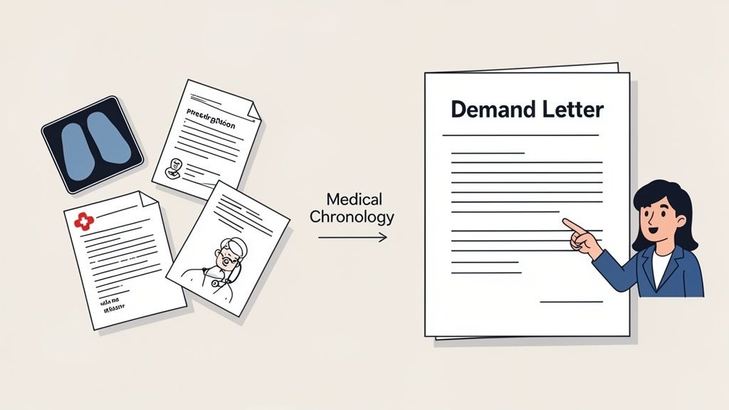 Medical documents and X-rays are processed into a demand letter via medical chronology, supported by a professional.