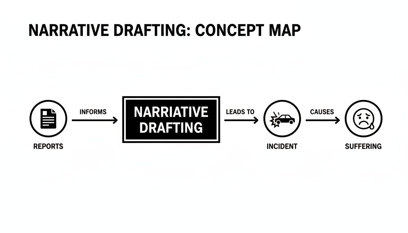 A concept map showing reports informing narrative drafting, leading to incidents and ultimately suffering.