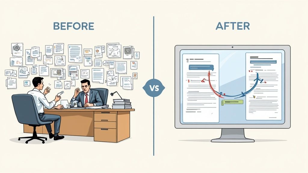 A split-screen image showing a chaotic desk with paper files on one side and a clean, AI-powered software interface on the other, symbolizing the before-and-after of workflow automation.