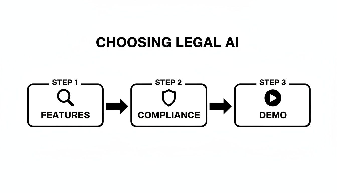 A flowchart titled 'Choosing Legal AI' showing three steps: Features, Compliance, and Demo.