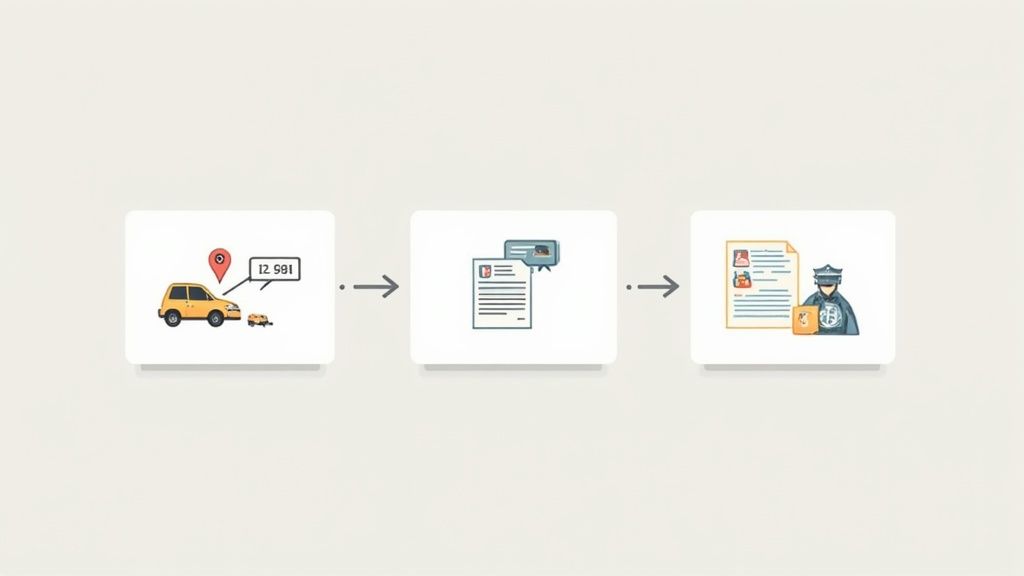 A clear photo of a car accident scene with police investigating, used to illustrate the factual nature of an incident report.