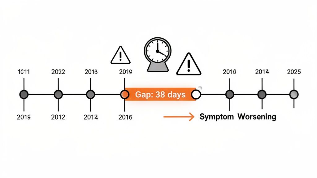 A medical timeline showing a 38-day gap leading to symptom worsening, with various date markers.