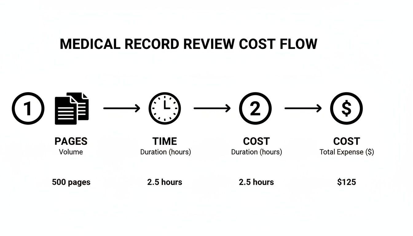 Flowchart detailing the medical record review cost flow from pages to total expense.
