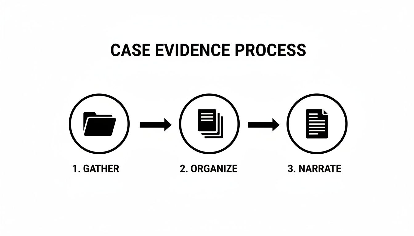 Flowchart illustrating the case evidence process with steps: gather, organize, and narrate.