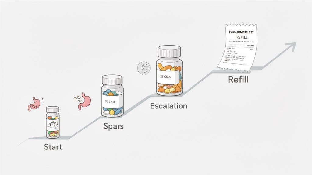 Illustration shows the progression of medication for stomach issues, from small doses to larger bottles and a pharmacy refill.