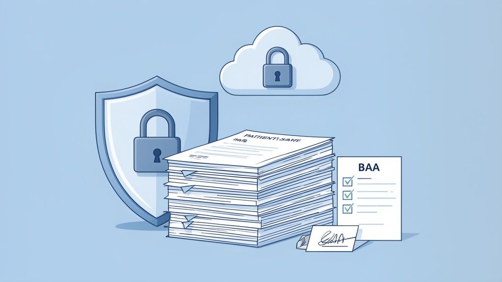 Illustration of secure medical records management with a shield, cloud, padlocks, and patient documents.