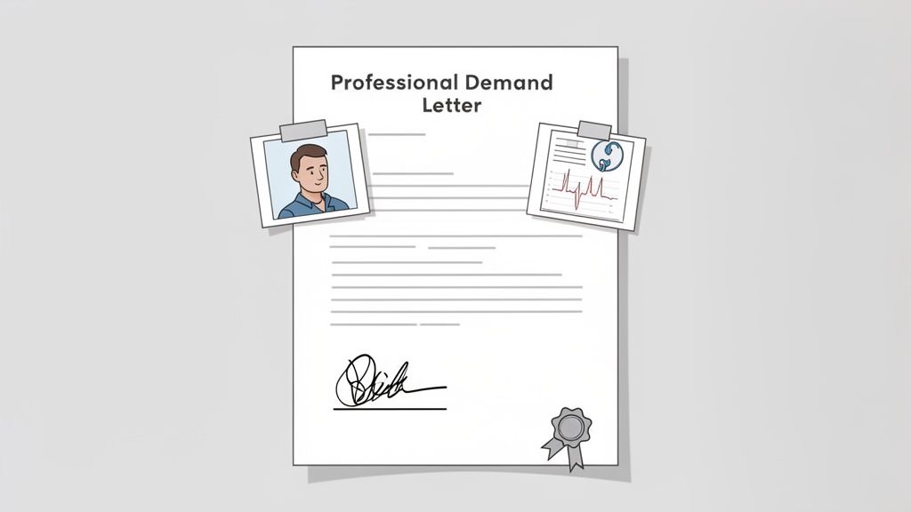 Illustration of a professional demand letter with attached patient photo and medical records.