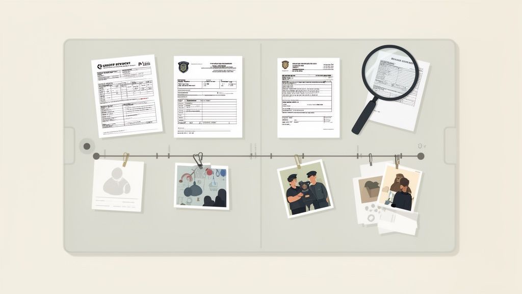 Detailed legal case investigation with evidence, documents, and photos arranged on a visual timeline.