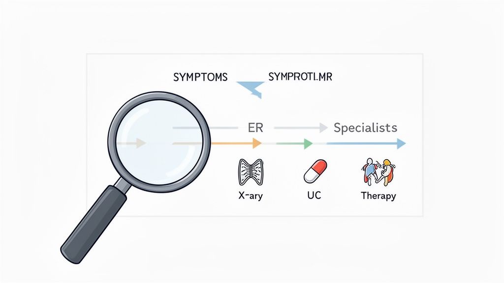A diagram illustrating the medical diagnostic and treatment process, from symptoms to therapy.