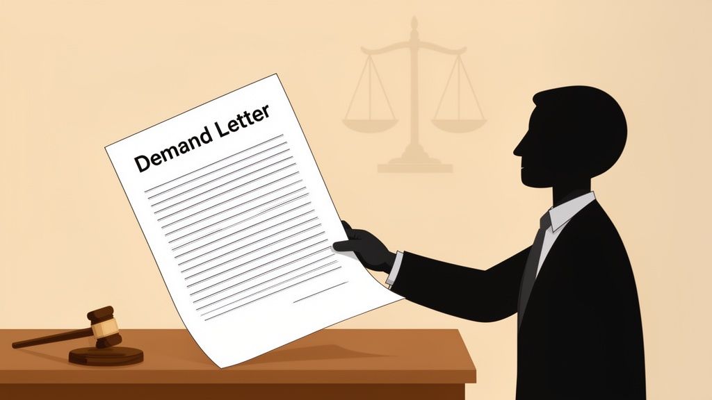 A person in a suit holds a demand letter, with a gavel and scales of justice, signifying legal action.