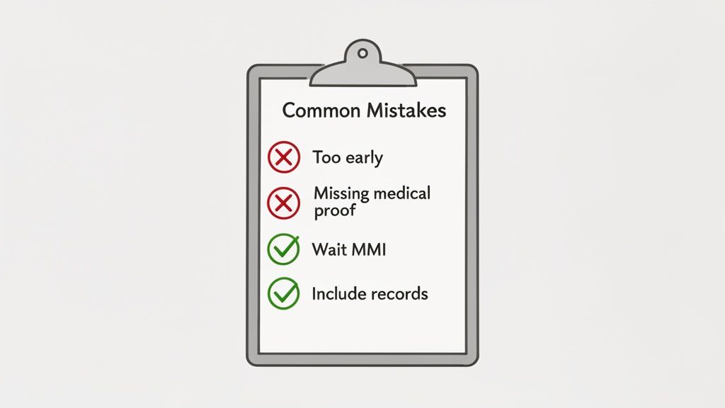 Clipboard checklist outlining common mistakes like 'Too early' and 'Missing medical proof,' alongside best practices 'Wait MMI' and 'Include records'.