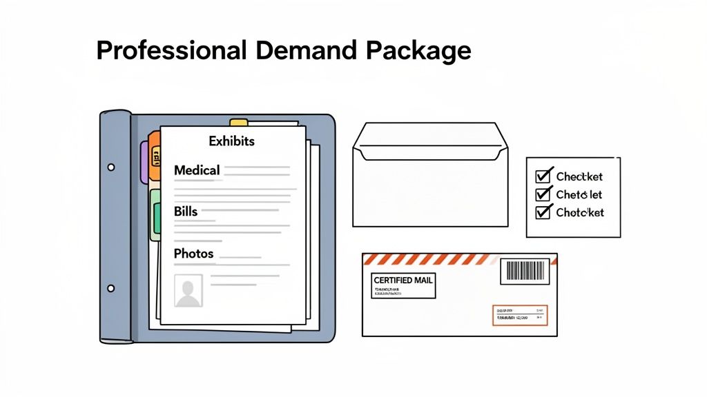 An illustration of a professional demand package with a binder, checklist, and certified mail envelope.