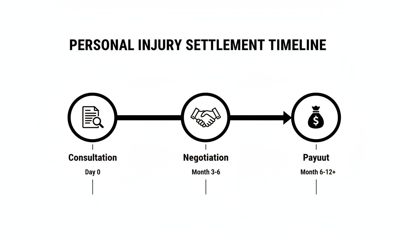 A clear visual timeline illustrating the personal injury settlement process, from consultation to payout phases.