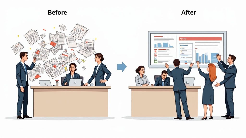 Image illustrating transformation from chaotic paper-based work to an organized digital workflow on a large screen.