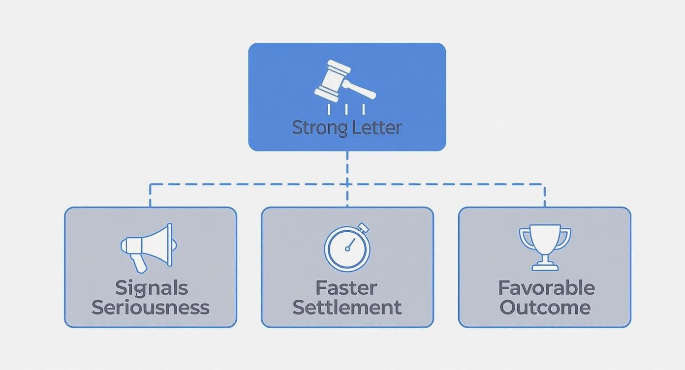 Infographic showing that a strong demand letter signals seriousness, leads to faster settlements, and results in more favorable outcomes.