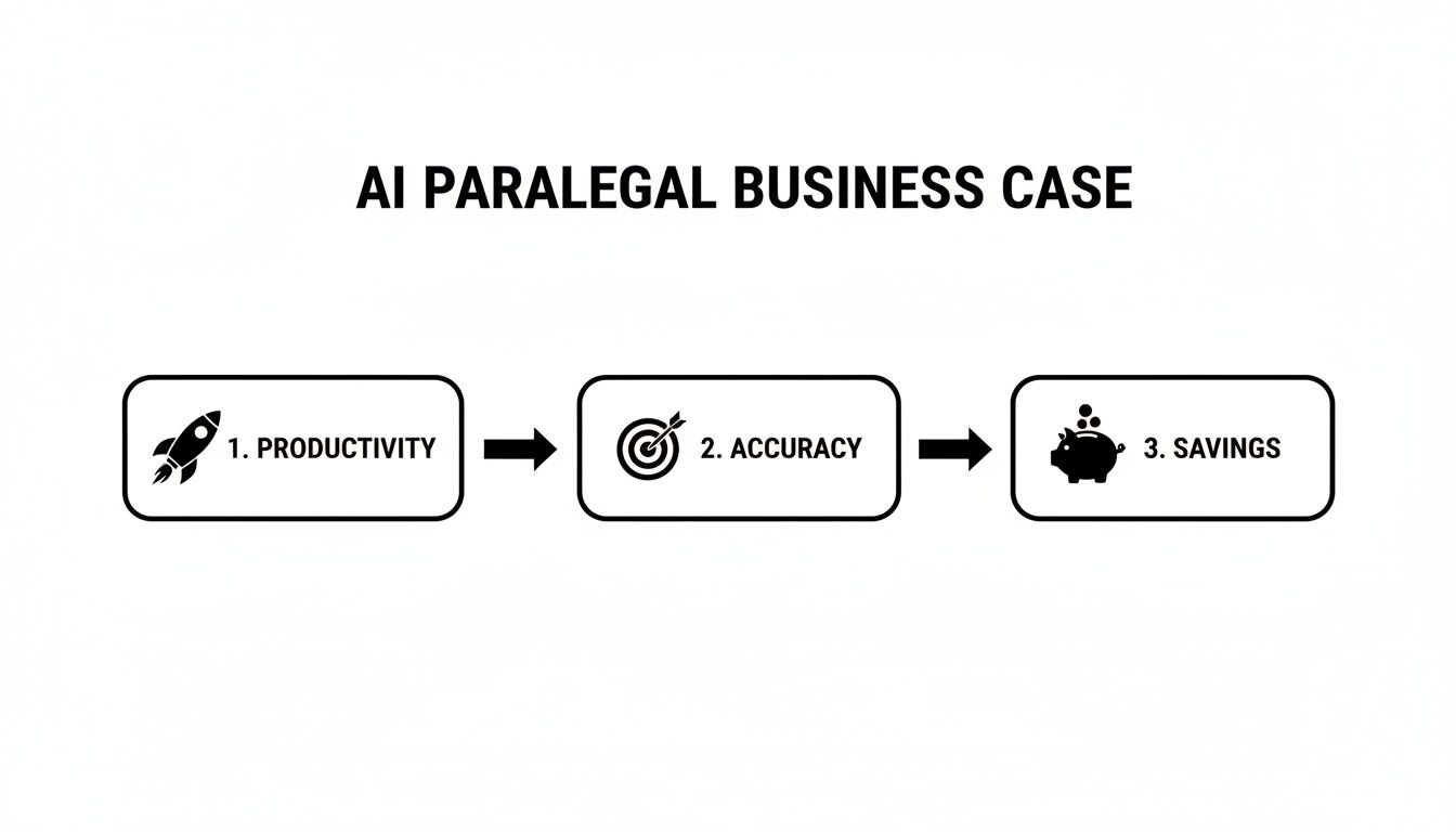 AI Paralegal business case diagram illustrating productivity, accuracy, and savings flow.