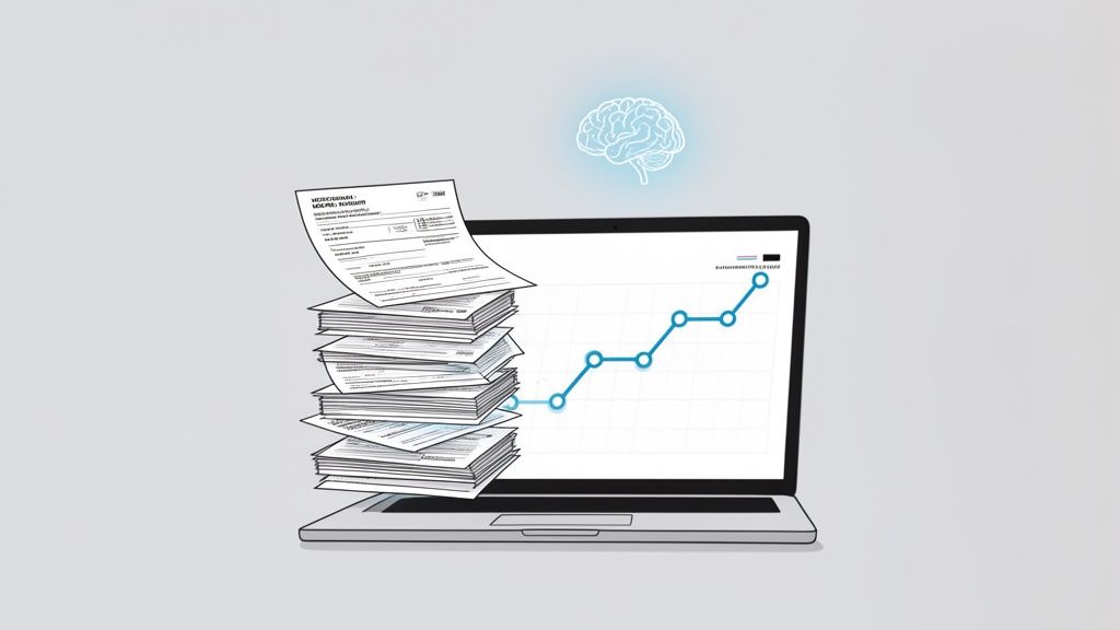 A stack of paper documents next to a laptop showing a growth chart and a glowing brain icon.