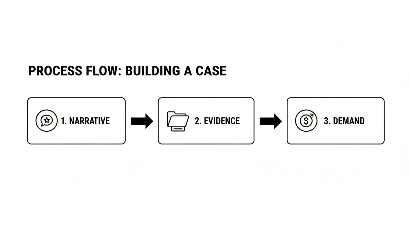 A process flow diagram illustrating the steps for building a case: narrative, evidence, and demand.