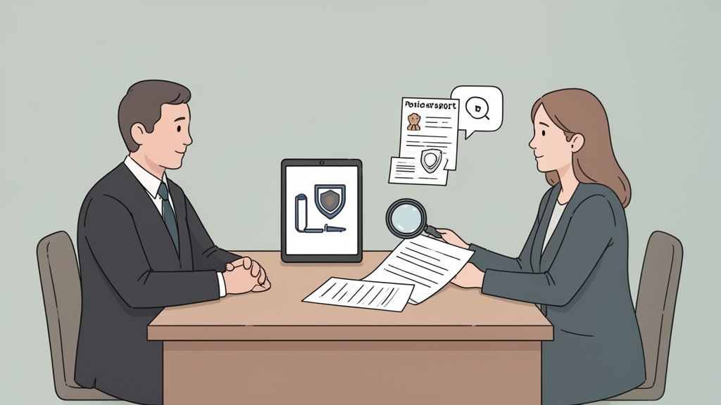 Two business professionals reviewing documents and digital information, possibly discussing an insurance claim or policy.