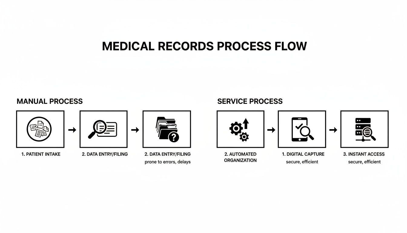 Flowchart comparing manual versus automated medical records processes, highlighting digital capture, organization, and instant access.