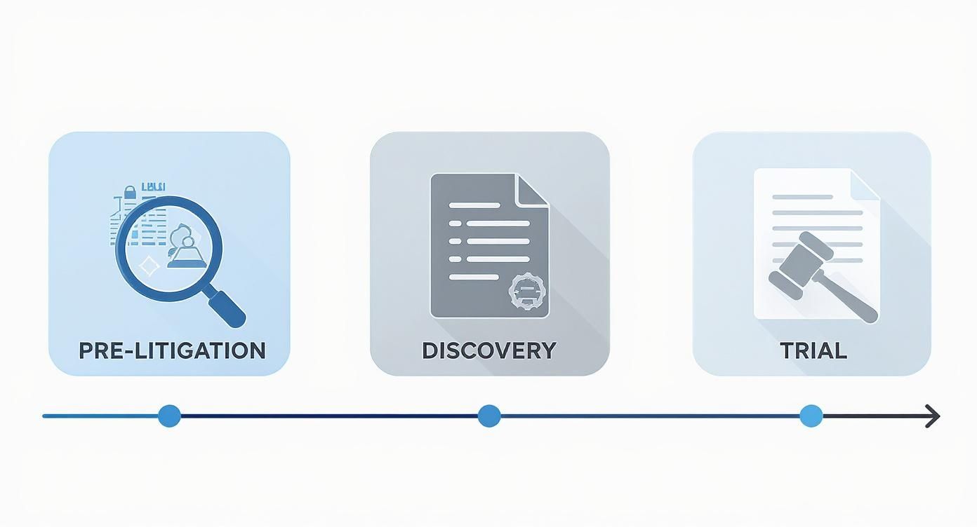 Three stages of litigation process showing pre-litigation investigation, discovery documentation, and trial gavel timeline