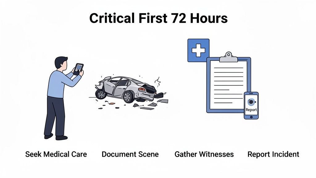 A person photographs a car accident scene, next to icons for medical care, documentation, and reporting an incident.