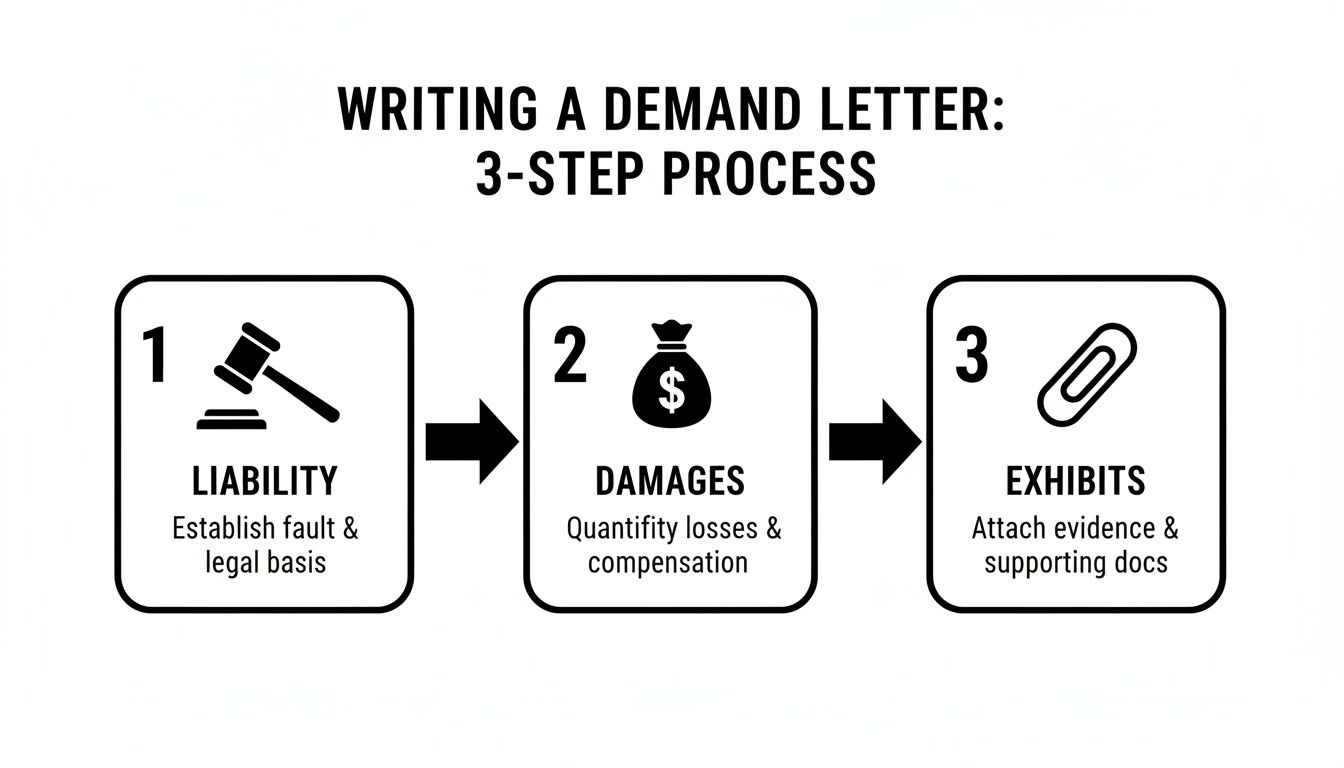 A flowchart illustrating the 3-step process for writing a demand letter, covering liability, damages, and exhibits.