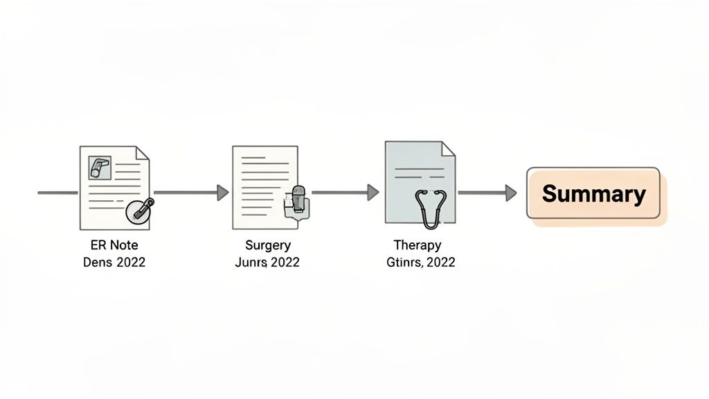 Flowchart showing a sequence of medical records (ER, Surgery, Therapy) from 2022 leading to a patient summary.