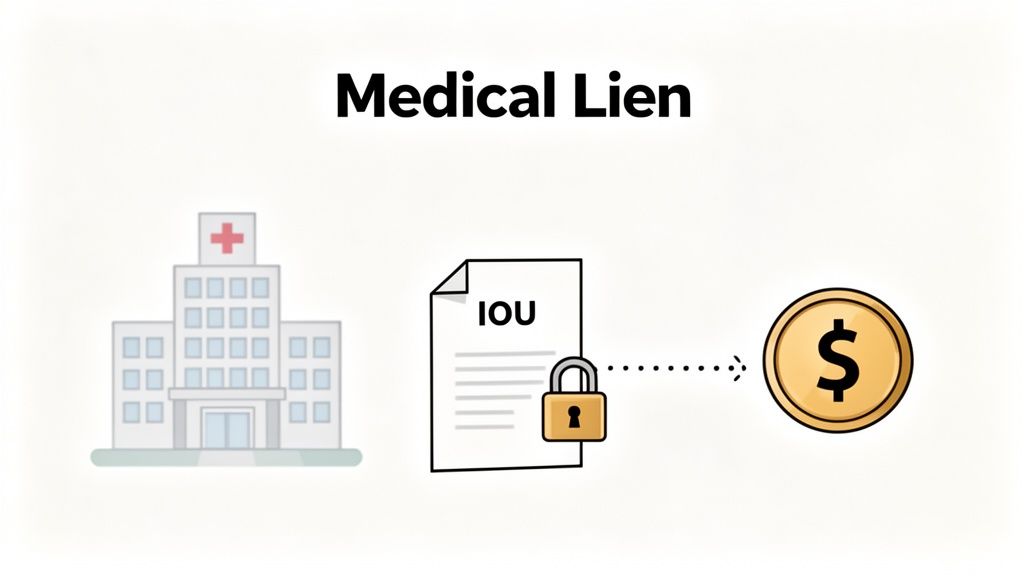 An illustration demonstrating a medical lien concept, showing a hospital, an IOU document with a lock, and a dollar coin.