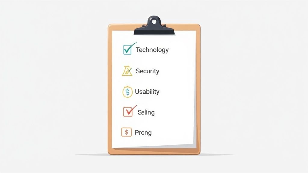 A clipboard with a checklist showing items like Technology, Security, Usability, Seling, and Prcng.
