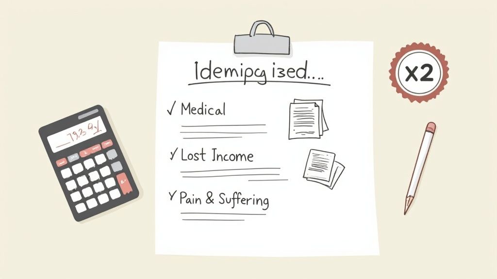 An itemized checklist for medical, lost income, and pain & suffering with a calculator, symbolizing claims.