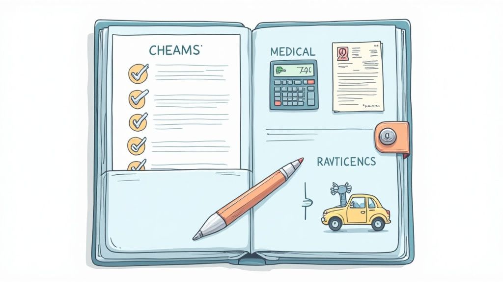 An open notebook with checklists, medical information, and a car drawing, featuring a pen.
