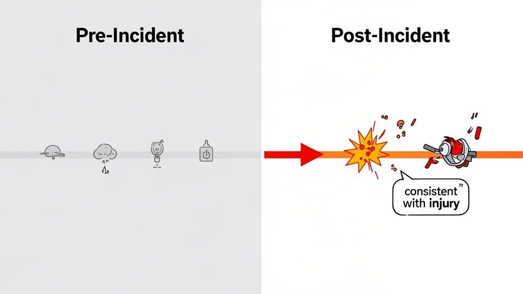 Comparison of pre-incident safety icons and post-incident damage, showing an explosion, broken parts, and 'consistent with injury' text.