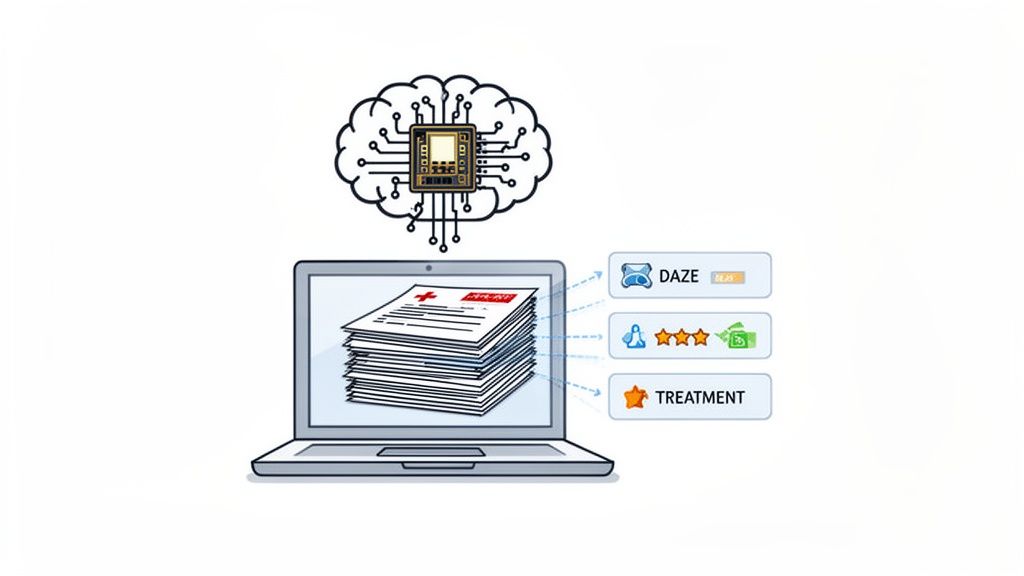 An AI-powered system analyzes medical records on a laptop, providing insights into diagnosis, ratings, and treatment.