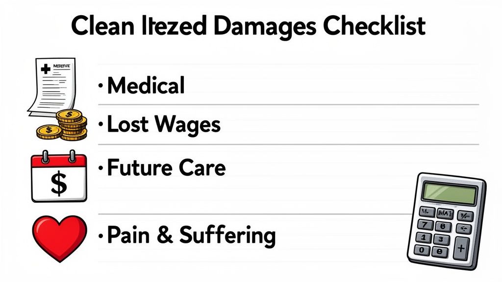 Itemized damages checklist with categories: medical, lost wages, future care, and pain & suffering.