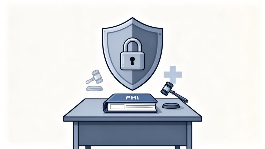 A shield with a padlock protects a book labeled PHI, surrounded by gavels and a medical cross, symbolizing HIPAA compliance.