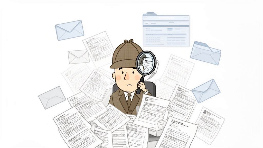 A cartoon detective in a deerstalker hat searches through a large pile of documents with a magnifying glass.